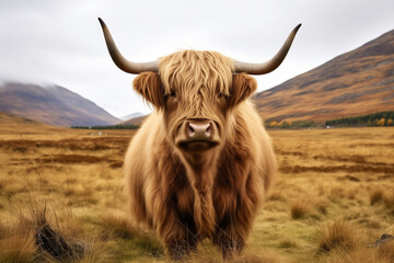 highland cow in the field - obrazy, fototapety, plakaty