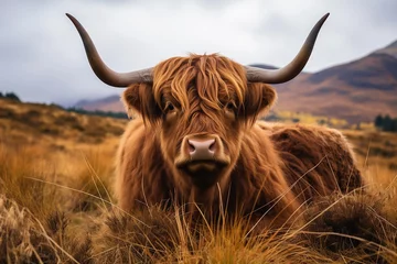 Fotobehang highland cow with horns © Anastasiia Trembach