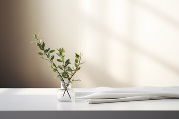 tiny plant on table on the background of curtains