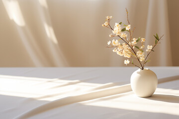 tiny plant on table on the background of curtains
