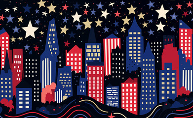 Modern American pattern design, blending iconic symbols like stars, stripes, and cityscapes