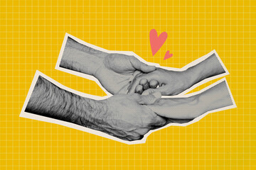 Creative abstract template collage of positive couple hold hands gentle touch dating concept valentine day fantasy billboard comics zine