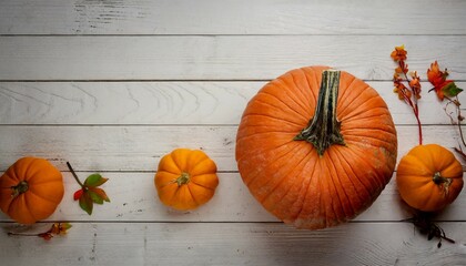 orange halloween pumpkins on white planks holiday decoration created with generative ai technology
