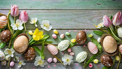 spring easter wooden background with eggs candy and flowers