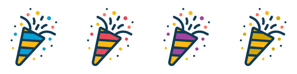 Confetti Popper Colored Line Icons Set. Vector illustration