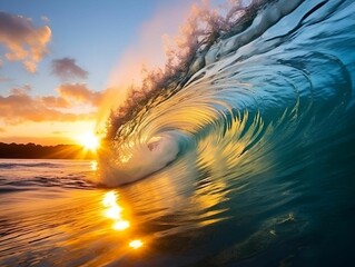 AI generated illustration of a sunrise with a large wave crashing onto the surface of the sea