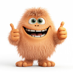 Brown funny and cute hairy monster. 3D rendered character. White Background. 