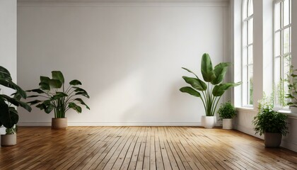 Fototapeta na wymiar empty white room with a wooden floor and plants