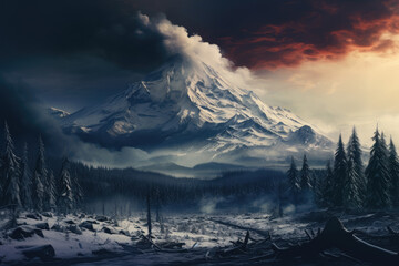 Volcanic Winter Wonderland with Snow-Capped Peaks