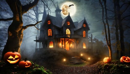 Fototapeta na wymiar horror halloween haunted house in creepy night forest