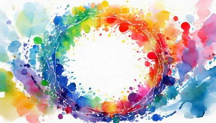 abstract colorful rainbow color painting illustration circular circle frame made of watercolor splashes on white background generative ai