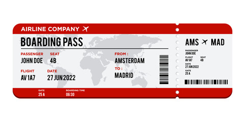 Red and white Airplane ticket design. Realistic illustration of airplane boarding pass with passenger name and destination. Concept of travel, journey or business trip. Isolated on white background - obrazy, fototapety, plakaty