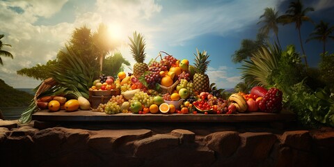 A pile of fruit in a tropical background