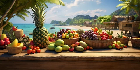Fotobehang A pile of fruit in a tropical background © Pter