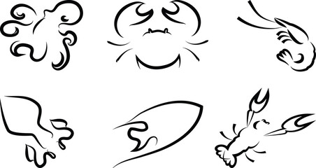 Marine life logo collection. Sketchy seafood - crab, crayfish, octopus, squid, fish, shrimp. Black outline. symbols, logo.