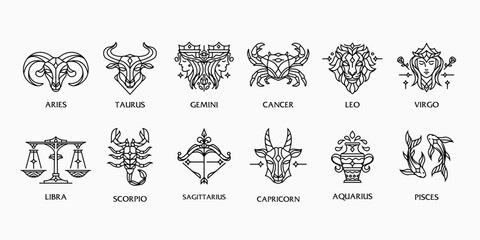 Collection of zodiac astrology signs on white background. modern simple Line art of horoscope astrological icons.  - obrazy, fototapety, plakaty