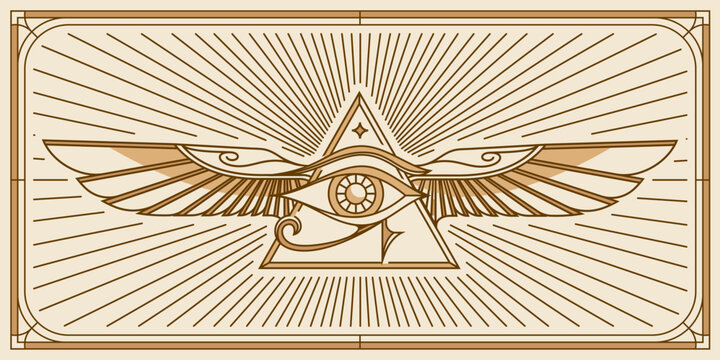 eye of horus with Sacred scarab wings design. All seeing eye of god in sacred geometry triangle with bird wings of falcon or angel, masonry and illuminati symbol, vector logo or emblem design