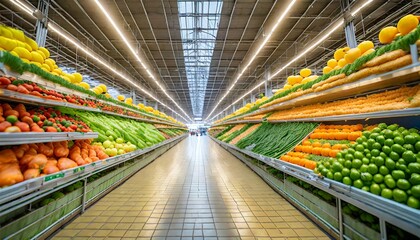 a large supermarket has a wide aisle full of fruit and vegetables bright lighting from bulbs...