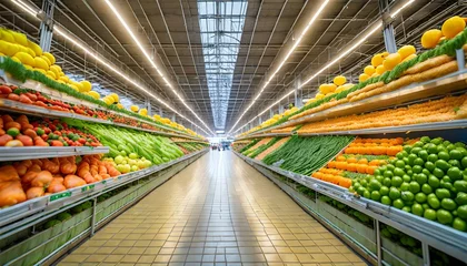 Foto op Plexiglas a large supermarket has a wide aisle full of fruit and vegetables bright lighting from bulbs generative ai © Nichole