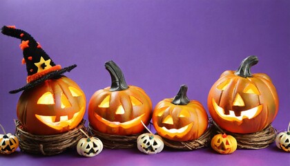 halloween pumpkins with scary faces on purple background