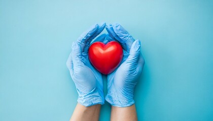 emphasize heart health awareness with top view image featuring hands in medical gloves gripping heart on light blue background offering copy space provided for text or adverts
