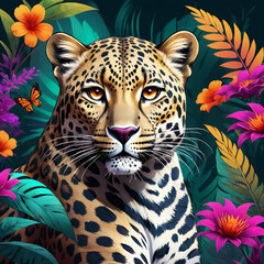 illustration of a portrait of a leopard, exotic flowers planty background, ready to print, digital art 
