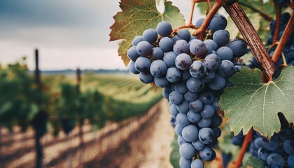 dark blue grapes in plantation ripe wine in vineyard closeup purple grapevine in vineyards new...