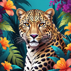 illustration of a portrait of a leopard, exotic flowers planty background, ready to print, digital art 