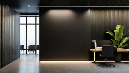 front view of a blank black wall background with empty space for sign or digital screen in a corridor of modern loft office interior 3d rendering mockup - Powered by Adobe