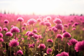 Fototapeta premium Amaranth flower field with sunny filter. generative ai.
