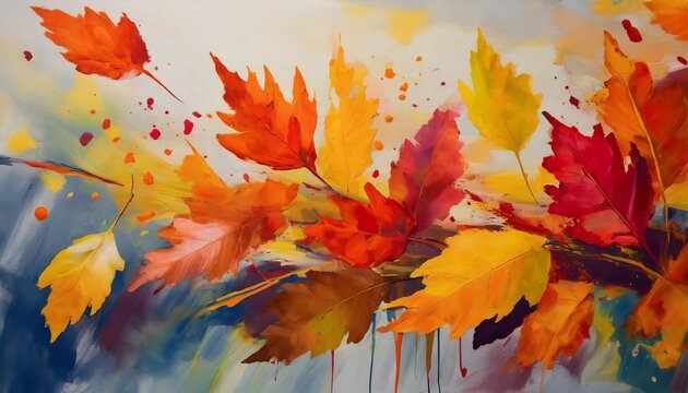 captivating image of autumn colored paint splatters on a canvas symbolizing autumn leaves falling generative ai