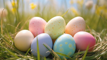 Fototapeta na wymiar close up of pastel easter eggs in the spring grass