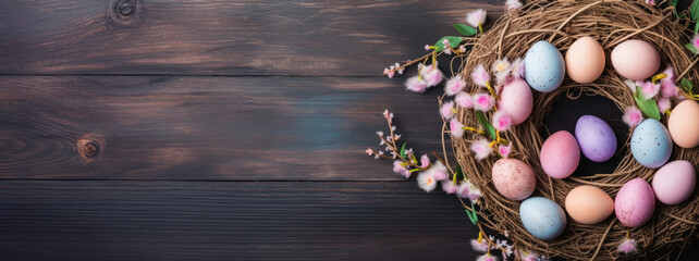 top view of spring easter composition of colorful easter eggs in the nest on a wooden background, copy space banner