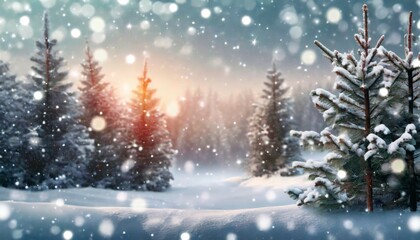 Fototapeta na wymiar frosty winter landscape in snowy forest christmas background with fir trees and blurred background of winter