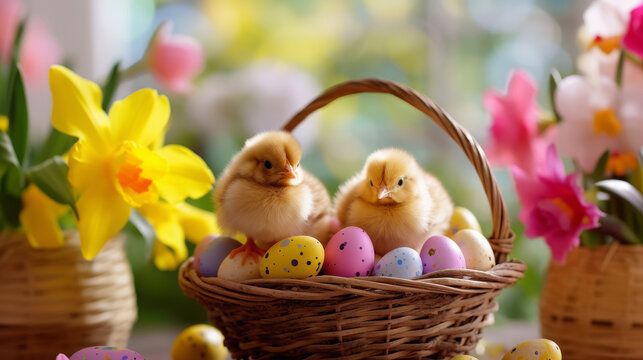 easter basket with pastel easter eggs and two cute chickens