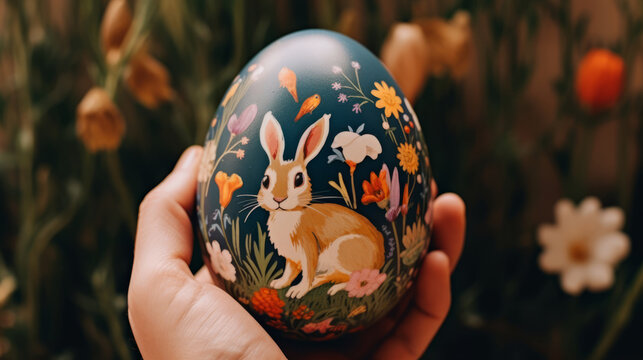 Close-up of a hand holding a handpainted easter egg with a bunny 