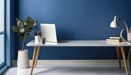home office desk with blue wall and white table mock up