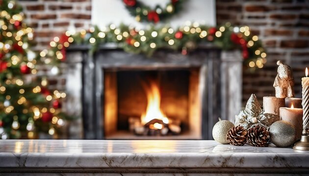 fireplace with christmas decorations cosy home interior background table top with blurred fireplace fireplace fireplace ai generate