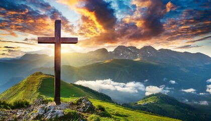 kreuz jesu christi ostern auferstehungskonzept christliches kreuz auf einem hintergrund mit dramatischer beleuchtung farbenfrohem sonnenuntergang in den bergen wolken und himmel generative ai - obrazy, fototapety, plakaty