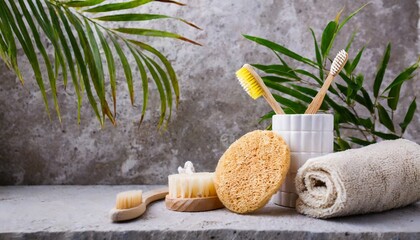 eco friendly bathroom accessories bamboo toothbrush and natural sea sponge - obrazy, fototapety, plakaty