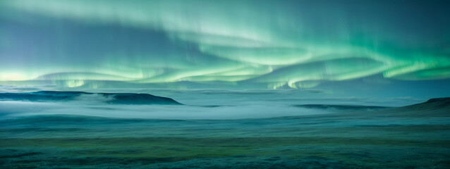 Fototapeta na wymiar Iridescent Greenish-Blue Mist Over Tundra with Blurred Northern Lights.