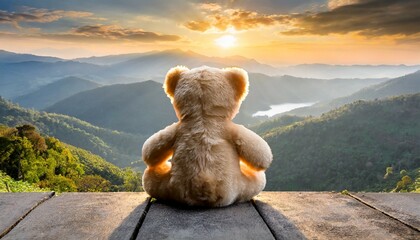 back view of teddy bear toy sitting with background of mountain view at sunset