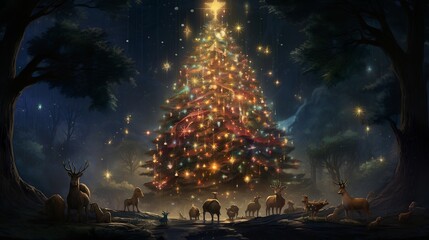 cristmas tree in the forest with animals around