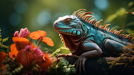 iguana on a rock with flowers , animal in jungle 