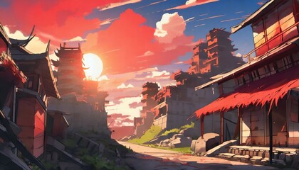 scene of a destroyed city in anime style with the sky red