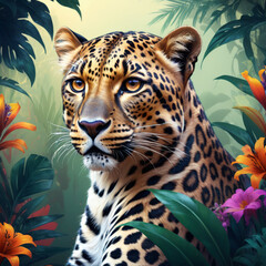 illustration of a portrait of a leopard, exotic flowers planty background, ready to print, digital art  - obrazy, fototapety, plakaty