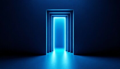 3d render abstract minimalist blue geometric background bright neon light going through the vertical slot doorway portal glowing in the dark