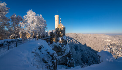 Winter wonderland panorama in Baden-Württemberg, southern Germany. Frosted trees with fairytale...