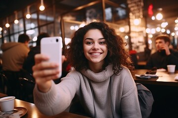Portrait of cool cheerful girl having video-call with friend holding smart phone in hand shooting selfie on front camera with a cafe in the background.  - Powered by Adobe