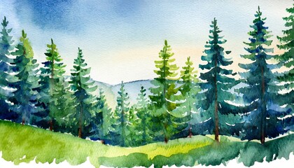 watercolor landscape with fir trees abstract nature background forest template hand drawn illustration generative ai